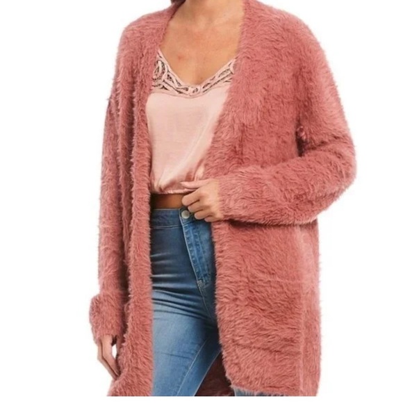 Free People Fuzzy Faux Fur Open Cardigan Dusty Pink Size Extra Small - Picture 3 of 9